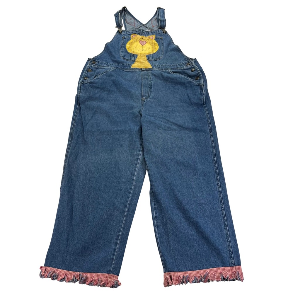 Handmade Rework Upcycle Cat Applique Denim Overalls Womens 18W Heart Vintage 90s
